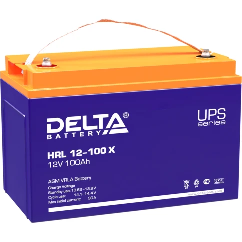 Батарея DELTA серия HRL-X, HRL 12-100 X, напряжение 12В, емкость 100Ач (разряд 10 часов),  макс. ток разряда (5 сек.) 900А, макс. ток заряда 30А, свинцово-кислотная типа AGM, клеммы под болт М6, ДxШxВ 330х171х215мм., вес 33кг., срок службы 12 лет. фото 1