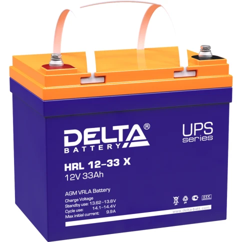 Батарея DELTA серия HRL-X, HRL 12-33 X, напряжение 12В, емкость 33Ач (разряд 10 часов),  макс. ток разряда (5 сек.) 330А, макс. ток заряда 9.9А, свинцово-кислотная типа AGM, клеммы под болт М6, ДxШxВ 195х130х155мм., вес 11.2кг., срок службы 12 лет./ Batte фото 1