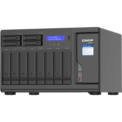 Сетевое хранилище без дисков/ ENTERPRISE QNAP TVS-h1288X-W1250-16G NAS, Intel Xeon W-1250 6-core 3.3 GHz processor (up to 4.7 GHz), 16 GB ECC UDIMM DDR4 (2 x 8 GB) up to 128 GB (4 x 32 GB), 12-tray (8x3.5" + 4x2.5" SATA HDD/SSD),  2 x M.2 22110/ фото 3