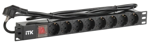 ITK PDU 8 розеток DIN49440 (нем. cтанд.) с LED выключателем, 1U, шнур 2м вилка DIN49441 (нем. станд.), алюминиевый профиль, черный фото 1