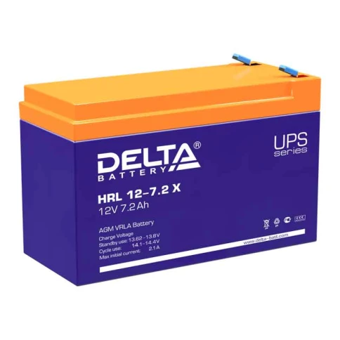 Батарея DELTA серия HRL-X, HRL 12-7,2 X, напряжение 12В, емкость 7.2Ач (разряд 10 часов),  макс. ток разряда (5 сек.) 108А, макс. ток заряда 2.16А, свинцово-кислотная типа AGM, клеммы F2, ДxШxВ 151х65х94мм., вес 2.6кг., срок службы 12 лет./ Battery DELTA фото 1