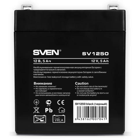 Батарея SVEN SV 1250 (12V 5Ah), напряжение 12В, емкость 5А*ч, макс. ток разряда 80А, макс. ток заряда 1.5А, свинцово-кислотная типа AGM, тип клемм F1/ Battery SVEN SV 1250 (12V 5Ah), 12V voltage, 5A*h capacity, max. discharging rate of 80A, max. charging фото 2