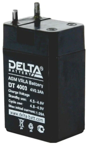 Батарея DELTA серия DT, DT 4003, напряжение 4В, емкость 0.3Ач (разряд 20 часов), макс. ток заряда 0.09А, свинцово-кислотная типа AGM, клеммы вывод под пайку5мм., ДxШxВ 26х21х40мм., 0.045кг., срок службы 5 лет./ Battery DELTA series DT, DT 4003, voltage 4V фото 1