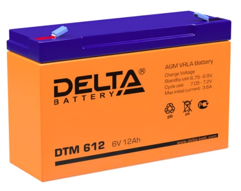 Батарея DELTA серия DTM, DTM 612, напряжение 6В, емкость 12Ач (разряд 20 часов),  макс. ток разряда (5 сек.) 150А, макс. ток заряда 3.45А, свинцово-кислотная типа AGM, клеммы F1, ДxШxВ 151х50х94мм., вес 1.7кг., срок службы 6 лет./ Battery DELTA series DTM фото 1