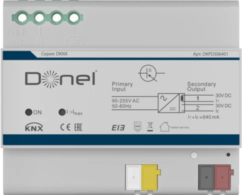 Donel KNX блок питания, 640 мA. Входное напряжение 95-255 В AC, 47-63 Гц, выход 1: 30 В DC +1/-2 В, SELV с дросселем; выход 2: 30 В DC +1/-2 В, SELV без дросселя, всего 640 мА, защита от короткого замыкания, Cерия DKNX фото 1