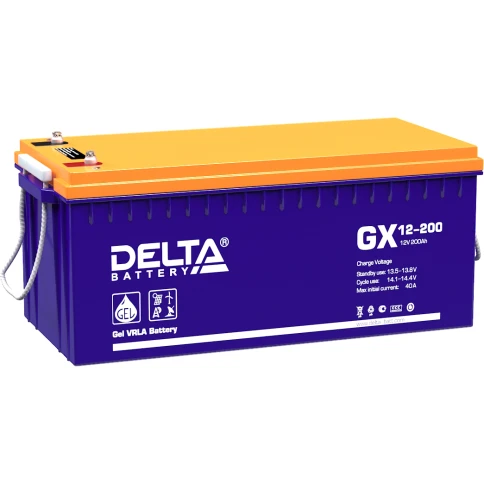 Батарея DELTA серия GX, GX 12-200, напряжение 12В, емкость 200Ач (разряд 10 часов),  макс. ток разряда (5 сек.) 1000А, макс. ток заряда 40А, свинцово-кислотная типа GEL, клеммы под болт М8, ДxШxВ 522х238х218мм., вес 65кг., срок службы 15 лет./ Battery DEL фото 1