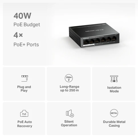 Коммутатор/ 6-Port 10/100 Mbps Desktop Switch with 4-Port PoE+ PORT: 4x10/100 Mbps PoE+ Ports, 2x10/100 Mbps Non-PoE Ports SPEC: Compatible with 802.3af/at PDs, 40 W PoE Power, Desktop Steel Case, Wall Mounting FEATURE: Extend Mode for 250m PoE Transmitti фото 4
