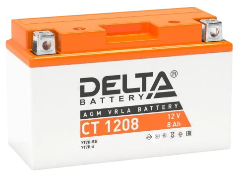 Аккумуляторная батарея для мото-техники/ DELTA серия  CT, CT 1208, напряжение 12В, емкость 8 Ач (разряд 10 часов 10.5 В), пусковой ток: 130А, полярность обратная ( - +),  тип AGM;Pb (свинцово-кислотный), клеммы: BN под болт,  ДxШxВ 150x66x95мм., вес  2,25 фото 1