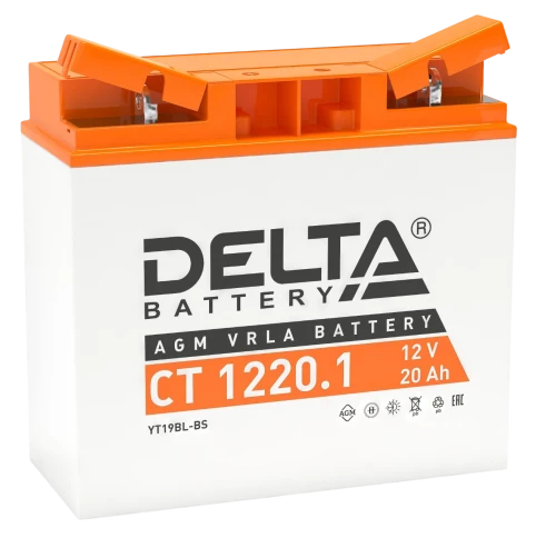 Аккумуляторная батарея для мото-техники/ DELTA серия  CT, CT 1220.1, напряжение 12В, емкость 20 Ач (разряд 10 часов 10.5 В), пусковой ток: 260А, полярность обратная ( - +),  тип AGM;Pb (свинцово-кислотный), клеммы: BN под болт,  ДxШxВ 181x77x167мм., вес фото 1