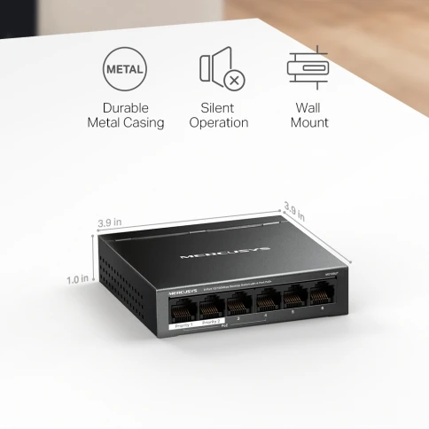 Коммутатор/ 6-Port 10/100 Mbps Desktop Switch with 4-Port PoE+ PORT: 4x10/100 Mbps PoE+ Ports, 2x10/100 Mbps Non-PoE Ports SPEC: Compatible with 802.3af/at PDs, 40 W PoE Power, Desktop Steel Case, Wall Mounting FEATURE: Extend Mode for 250m PoE Transmitti фото 10