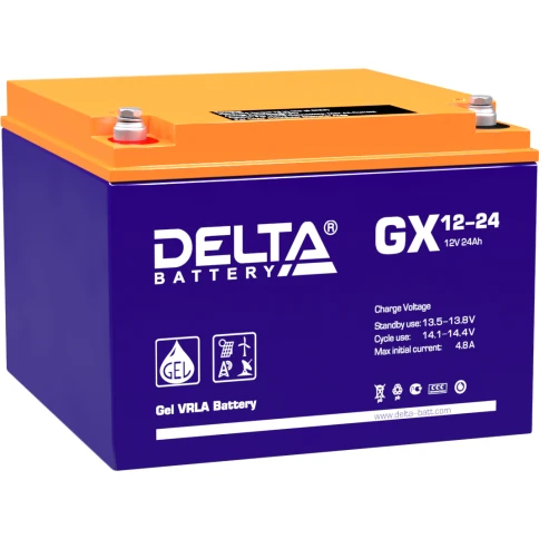 Батарея DELTA серия GX, GX 12-24, напряжение 12В, емкость 24Ач (разряд 20 часов),  макс. ток разряда (5 сек.) 300А, макс. ток заряда 4.76А, свинцово-кислотная типа GEL, клеммы под болт М5, ДxШxВ 166х175х125мм., вес 8.3кг., срок службы 15 лет./ Battery DEL фото 1