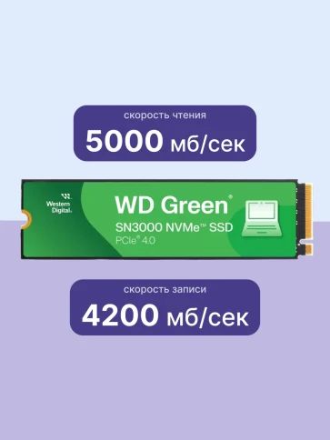Твердотельные накопители/ WD SSD Green SN3000, 1000GB, M.2(22x80mm), NVMe, PCIe 4.0 x4, QLC, R/W 5000/4200MB/s, TBW 150, DWPD 0.1 (12 мес.) фото 3