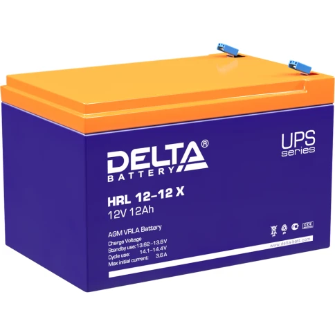 Батарея DELTA серия HRL-X, HRL 12-12 X, напряжение 12В, емкость 12Ач (разряд 10 часов),  макс. ток разряда (5 сек.) 160А, макс. ток заряда 3.6А, свинцово-кислотная типа AGM, клеммы F2, ДxШxВ 151х98х95мм., вес 3.85кг., срок службы 12 лет./ Battery DELTA se фото 1