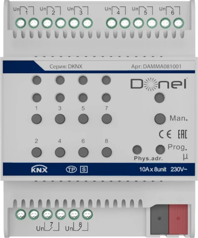 Donel KNX 8-канальный многофункциональный актуатор, 10A Установка на DIN-рейку, Номинальное напряжение 230/400 В переменного тока, 50–60 Гц, внутреннее использование магнитного реле 10 А, привод переключателя/жалюзи/фанкойла, Cерия DKNX фото 1
