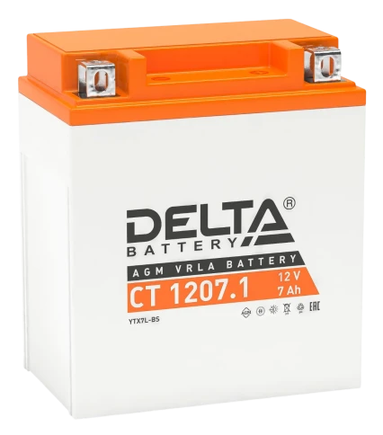 Аккумуляторная батарея для мото-техники/ DELTA серия  CT, CT 1207.1, напряжение 12В, емкость 7 Ач (разряд 10 часов 10.5 В), пусковой ток: 100А, полярность обратная ( - +),  тип AGM;Pb (свинцово-кислотный), клеммы: BN под болт,  ДxШxВ 114x70x132мм., вес  2 фото 1