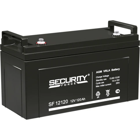 Аккумуляторная батарея/ Battery SECURITY FORCE SF series, SF 120, voltage 12V, capacity 120Ah (discharge 20 hours), max. Discharge current (5 sec.) 70A, max. Charging current 29A, AGM type lead acid, M8 bolt terminals, LxWxH 410 x 176 x 224mm, weight 30kg фото 1