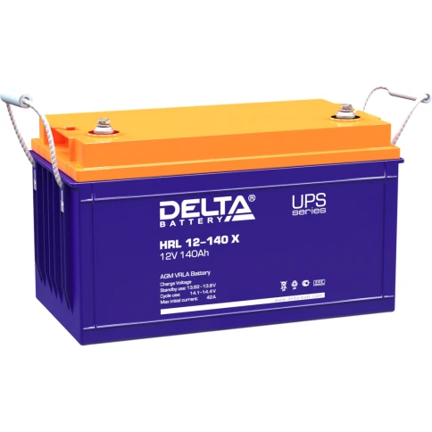 Батарея DELTA серия HRL-X, HRL 12-140 X, напряжение 12В, емкость 140Ач (разряд 10 часов),  макс. ток разряда (5 сек.) 950А, макс. ток заряда 42А, свинцово-кислотная типа AGM, клеммы под болт М8, ДxШxВ 341х173х283мм., вес 40кг., срок службы 12 лет. фото 1
