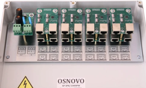 Грозозащита/ OSNOVO  Уличное устройство грозозащиты на 8 портов для ЛВС (скорость до 1000 Мб/с) с защитой линий PoE (af/at, методы A + B, контакты 1/2, 3/6, 4/5, 7/8) и защитой линии питания 220V фото 4