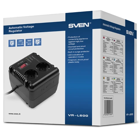 Стабилизатор SVEN VR-L 600, релейный, 200вт, 184-285в, 2 евророзетки, черный, габариты 118 ? 106 ? 112мм, 1.4кг./ Stabilizer SVEN VR-L 600, Relay, 200W, 184-285v, 2 euro outlets, black, 118 ? 106 ? 112mm, 1.4kg. фото 4