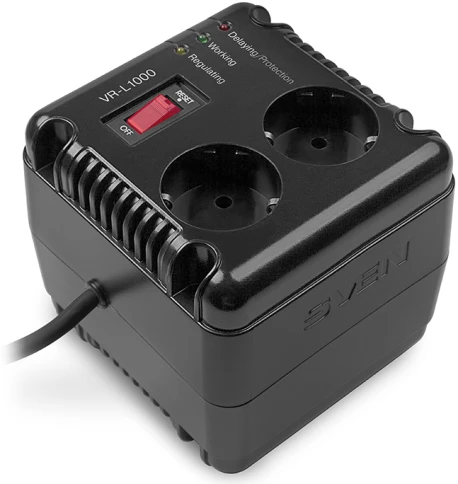 Стабилизатор SVEN VR-L1000, релейный, 320вт, 184-285в, 2 евророзетки, черный, габариты  118 ? 106? 112мм, 1.61кг./ Stabilizer SVEN VR-L1000, Relay, 320W, 184-285v, 2 euro outlets, black,  118 ? 106? 112mm, 1.61kg. фото 1