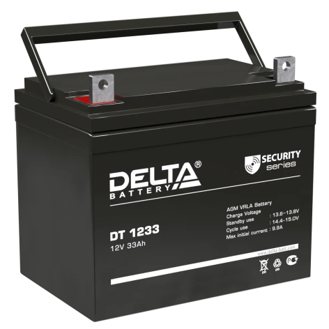 Батарея DELTA серия DT, DT 1233, напряжение 12В, емкость 33Ач (разряд 20 часов),  макс. ток разряда (5 сек.) 440А, макс. ток заряда 9.9А, свинцово-кислотная типа AGM, клеммы под гайку и болт M8, ДxШxВ 197х130х159мм., вес 10.1кг., срок службы 5 лет./ Batte фото 1
