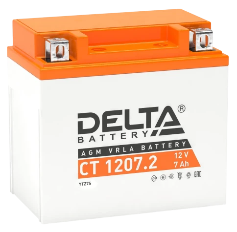 Аккумуляторная батарея для мото-техники/ DELTA серия  CT, CT 1207.2, напряжение 12В, емкость 7 Ач (разряд 10 часов 10.5 В), пусковой ток: 130А, полярность обратная ( - +),  тип AGM;Pb (свинцово-кислотный), клеммы: BN под болт,  ДxШxВ 114x70x108мм., вес  2 фото 1