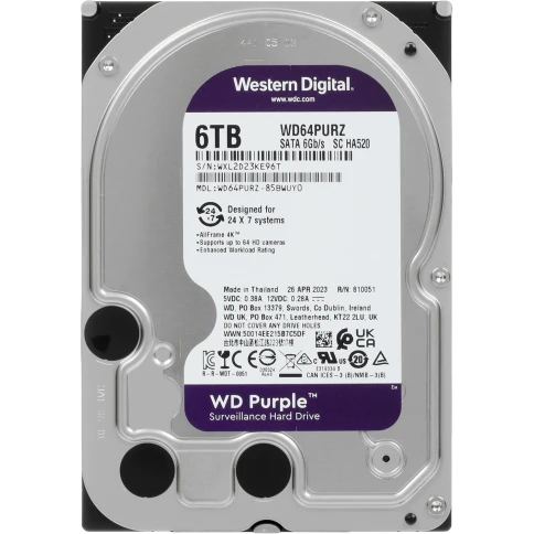 Жесткий диск/ HDD WD SATA3 6TB Purple Surveillancer 5400 RPM 256Mb 1 year warranty фото 1