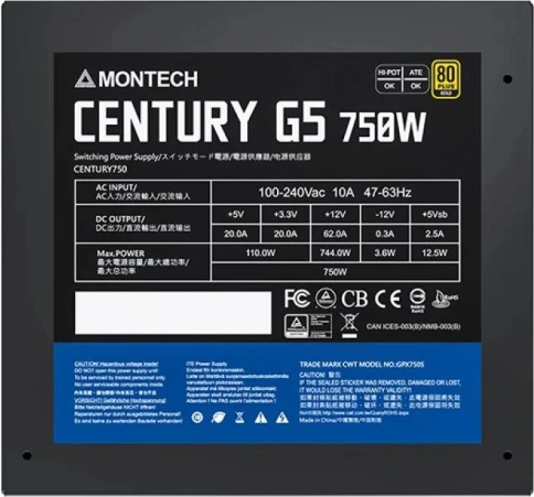 Блок питания Montech ATX 750W CENTURY GOLD G5 80+ gold (20+4pin) APFC 120mm fan 10xSATA Cab Manag RTL фото 5