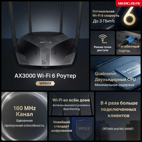 Маршрутизатор/ AX3000 Dual-Band Wi-Fi 6 Router, 574 Mbps at 2.4 GHz + 2402 Mbps at 5 GHz, 4x Fixed External Antennas, 3x Gigabit LAN Ports, 1x Gigabit WAN Port фото 5