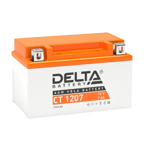 Аккумуляторная батарея для мото-техники/ DELTA серия  CT, CT 1207, напряжение 12В, емкость 7 Ач (разряд 10 часов 10.5 В), пусковой ток: 105А, полярность обратная ( - +),  тип AGM;Pb (свинцово-кислотный), клеммы: BN под болт,  ДxШxВ 150x86x94мм., вес  2,4к фото 1