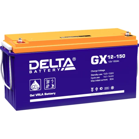 Батарея DELTA серия GX, GX 12-150, напряжение 12В, емкость 150Ач (разряд 10 часов),  макс. ток разряда (5 сек.) 1000А, макс. ток заряда 30А, свинцово-кислотная типа GEL, клеммы под болт М8, ДxШxВ 482х170х240мм., вес 47кг., срок службы 15 лет./ Battery DEL фото 1