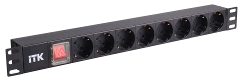 PDU 8 розеток нем. стандарт, с LED выключателем,1U, без шнура, вх. C14, алюминиевый профиль фото 1