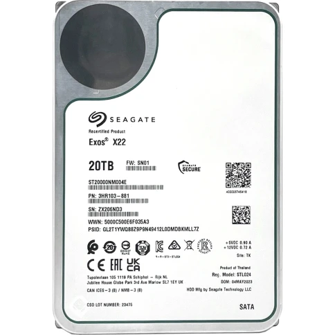 Жесткий диск/ HDD Seagate SATA3 20Tb Exos X22 7200 RPM 512Mb OFFICIAL RECERTIFIED 1 year warranty (replacement ST20000NM007D, ST20000NM002H) фото 2