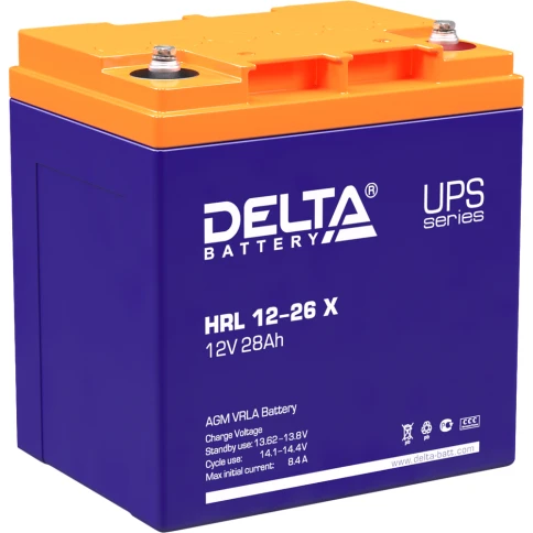 Батарея DELTA серия HRL-X, HRL 12-26 X, напряжение 12В, емкость 28Ач (разряд 10 часов),  макс. ток разряда (5 сек.) 310А, макс. ток заряда 7.8А, свинцово-кислотная типа AGM, клеммы под болт М5, ДxШxВ 165х125х175мм., вес 9.6кг., срок службы 12 лет./ Batter фото 1