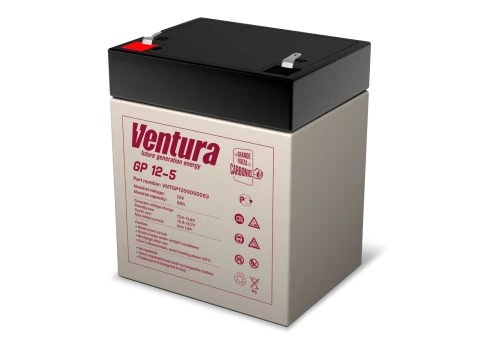 Батарея Ventura серия GP, GP12-5, напряжение  12B, емкость 5Ач (разряд 20 часов), макс. ток заряда 1.5А,  свинцово-кислотная типа AGM,  клеммы  T2, ДШВ  90х70х107мм, вес 1.65кг/ Ventura battery GP series, GP12-5, voltage 12V, capacity 5Ah (discharge 20 ho фото 1