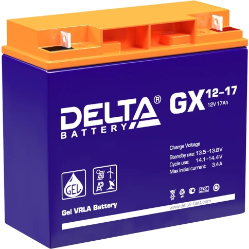 Батарея DELTA серия GX, GX 12-17, напряжение 12В, емкость 17Ач (разряд 20 часов),  макс. ток разряда (5 сек.) 225А, макс. ток заряда 3.36А, свинцово-кислотная типа GEL, клеммы под гайку и болт M6, ДxШxВ 181х77х167мм., вес 5.5кг., срок службы 15 лет./ Batt фото 1