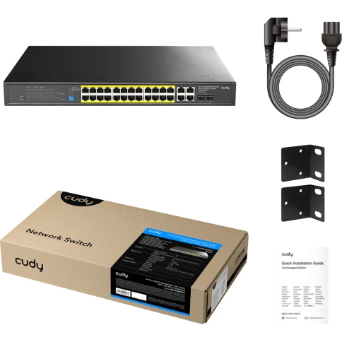 Коммутатор/ 24-Port 10/100/1000M PoE+ Switch 300W, 24-Port 10/100/1000M PoE+ ports(802.3at/af)+ 2 Uplink Gigabit ports + 2 Gigabit SFP/ETH Combo ports, Local Management via Web GUI, support STP/RSTP, 802.1ab LLDP, Loop Detection, QoS, VLAN, SNMP, IGMP Sno фото 2