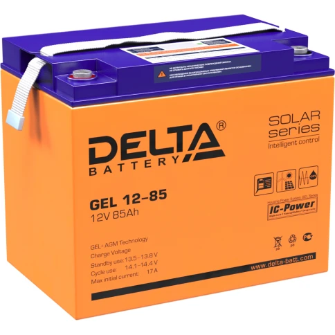 Батарея DELTA серия GEL, GEL 12-85, напряжение 12В, емкость 85Ач (разряд 10 часов),  макс. ток разряда (5 сек.) 750А, макс. ток заряда 17А, свинцово-кислотная типа AGM+GEL, клеммы под болт М6, ДxШxВ 260х168х219мм., вес 25.2кг., LCD, срок службы 10-12 лет. фото 1