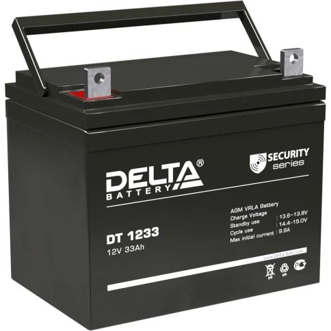 Батарея DELTA серия DT, DT 1233, напряжение 12В, емкость 33Ач (разряд 20 часов),  макс. ток разряда (5 сек.) 440А, макс. ток заряда 9.9А, свинцово-кислотная типа AGM, клеммы под гайку и болт M8, ДxШxВ 197х130х159мм., вес 10.1кг., срок службы 5 лет./ Batte фото 1