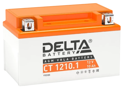 Аккумуляторная батарея для мото-техники/ DELTA серия  CT, CT 1210.1, напряжение 12В, емкость 10 Ач (разряд 10 часов 10.5 В), пусковой ток: 190А, полярность обратная ( - +),  тип AGM;Pb (свинцово-кислотный), клеммы: BN под болт,  ДxШxВ 150x86x93мм., вес  2 фото 1