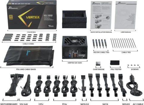 Блок питания Seasonic ATX 1200W VERTEX GX-1200 80+ gold (20+4pin) APFC 135mm fan 18xSATA Cab Manag RTL [VERTEX GX-1200 12122GXAFS] фото 11