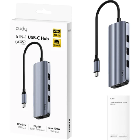 Концентратор USB/ 6-IN-1 USB Hub, Aluminium housing,1 USB-C 3.0 5Gbps male connecter with 25cm cable, 1x 4K@60Hz HDMI Port, 1 Gigabit Ethernet port, 3 USB-A 3.0 5Gbps Port, 1 USB-C power input Ports(5V/2A max),  compatible with MacBook, Mac Pro, Mac mini, фото 2