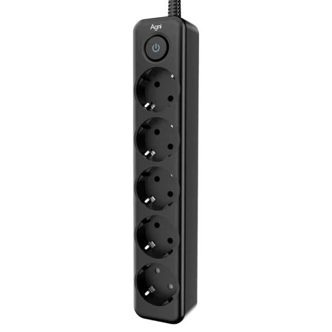 Cетевой фильтр AGNI плоский TP-FD5E-5m-black, 5 розеток Schuko, чёрный, кабель 5 метров, мощность нагрузки 4000 Вт, 16А, заземление, защита от короткого замыкания, сечение кабеля 3 х 1.5 кв.мм., размер 279x54x40 мм. фото 2