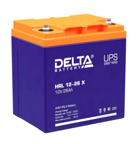 Батарея DELTA серия HRL-X, HRL 12-26 X, напряжение 12В, емкость 28Ач (разряд 10 часов),  макс. ток разряда (5 сек.) 310А, макс. ток заряда 7.8А, свинцово-кислотная типа AGM, клеммы под болт М5, ДxШxВ 165х125х175мм., вес 9.6кг., срок службы 12 лет./ Batter фото 1