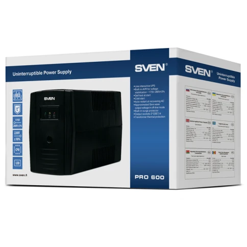 ИБП SVEN Pro 600, линейно-интерактивный, автоматический стабилизатор напряжения, 360Вт, 600Ва, 2 евророзетки, черный, габариты 100х295х145мм, 4,3кг./ UPS SVEN Pro 600, linear-interactive, automatic voltage regulator, 360W, 600Va, 2 eurosockets, black, dim фото 5