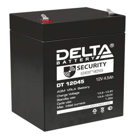 Батарея DELTA серия DT, DT 12045, напряжение 12В, емкость 4.5Ач (разряд 20 часов),  макс. ток разряда (5 сек.) 67.5А, макс. ток заряда 1.35А, свинцово-кислотная типа AGM, клеммы F1, ДxШxВ 90х70х101мм., вес 1.55кг., срок службы 5 лет./ Battery DELTA series фото 1