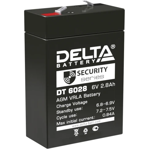 Батарея DELTA серия DT, DT 6028, напряжение 6В, емкость 2.8Ач (разряд 20 часов),  макс. ток разряда (5 сек.) 48А, макс. ток заряда 0.84А, свинцово-кислотная типа AGM, клеммы F1, ДxШxВ 66х33х97мм., вес 0.61кг., срок службы 5 лет./ Battery DELTA series DT, фото 1