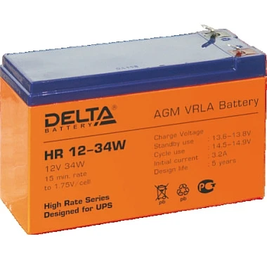 Батарея DELTA серия HR-W, HR 12-34 W, напряжение 12В, емкость 9Ач (разряд 20 часов),  макс. ток разряда (5 сек.) 160А, макс. ток заряда 2.7А, свинцово-кислотная типа AGM, клеммы F2, ДxШxВ 151х65х94мм., вес 2.62кг., срок службы 8 лет./ Battery DELTA series фото 1