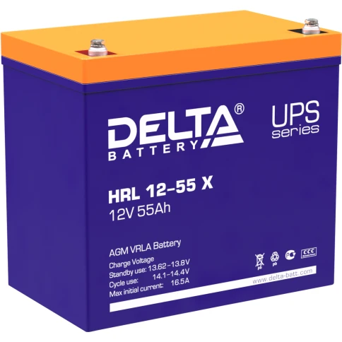 Батарея DELTA серия HRL-X, HRL 12-55 X, напряжение 12В, емкость 55Ач (разряд 10 часов),  макс. ток разряда (5 сек.) 550А, макс. ток заряда 16.5А, свинцово-кислотная типа AGM, клеммы под болт М6, ДxШxВ 229х138х208мм., вес 18.2кг., срок службы 12 лет./ Batt фото 1