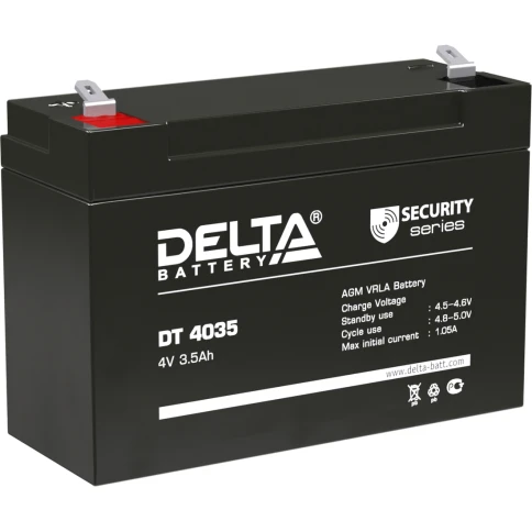 Батарея DELTA серия DT, DT 4035, напряжение 4В, емкость 3.5Ач (разряд 20 часов),  макс. ток разряда (5 сек.) 52.5А, макс. ток заряда 1.05А, свинцово-кислотная типа AGM, клеммы F1, ДxШxВ 90х34х60мм., вес 0.46кг., срок службы 5 лет./ Battery DELTA series DT фото 1